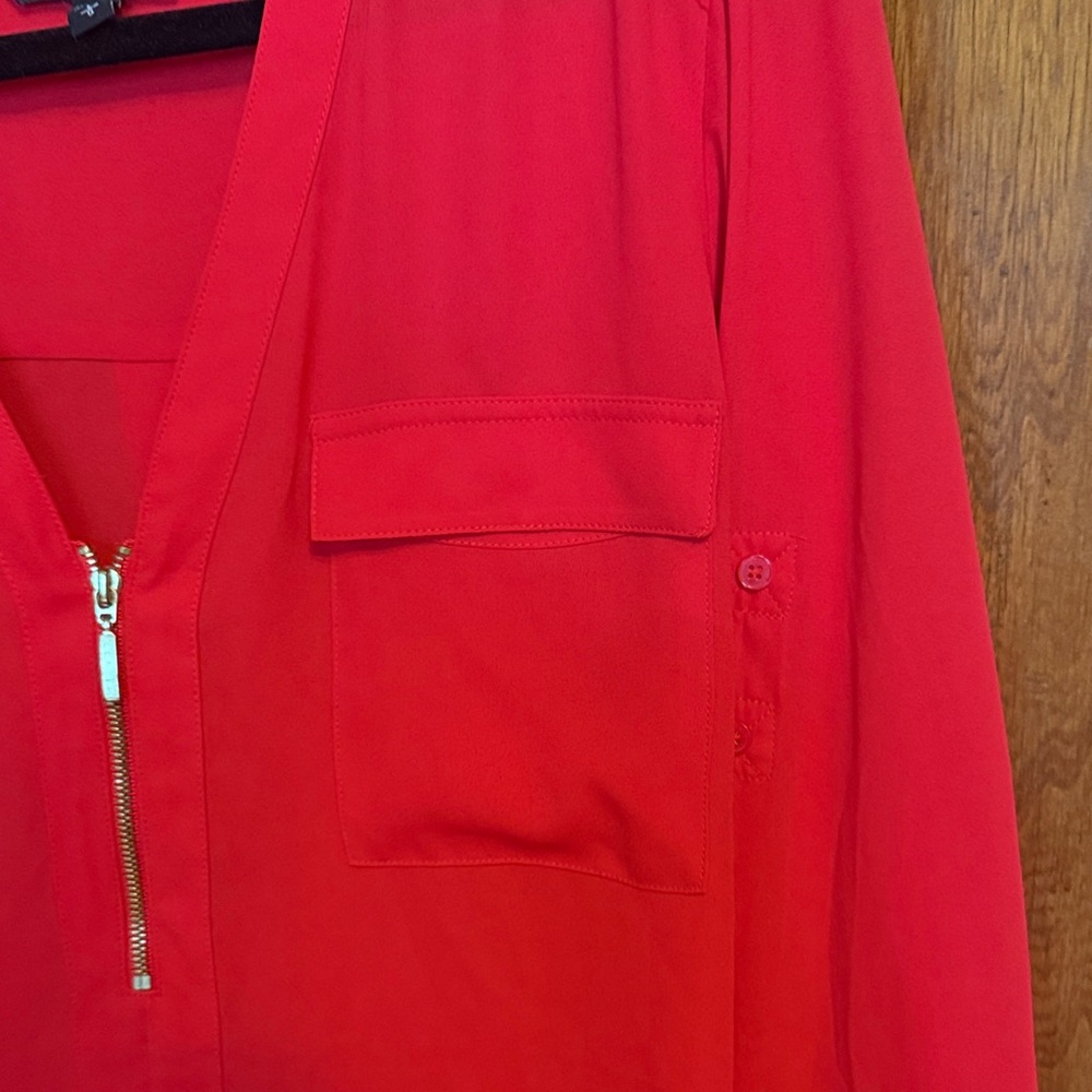 Express Women's Bold Red Blouse with Front Zipper - Picture 3 of 3
